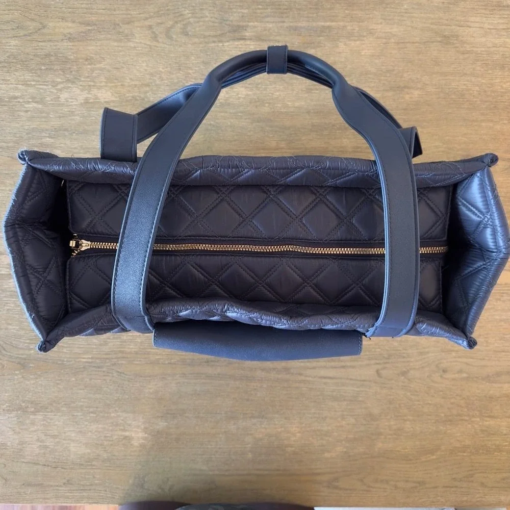 NEW Joan & David Navy Blue Quilted Nylon Large Tote Bag Gold Hardware w/ Pouch